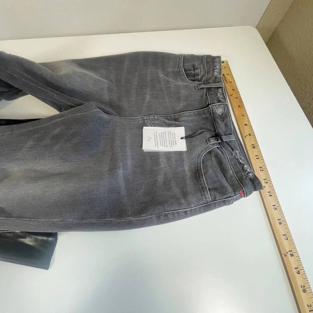 CEROS Womens‎ Super High Rise Flare Jeans Distressed Gray 27 Leather Trim NEW - Picture 10 of 13